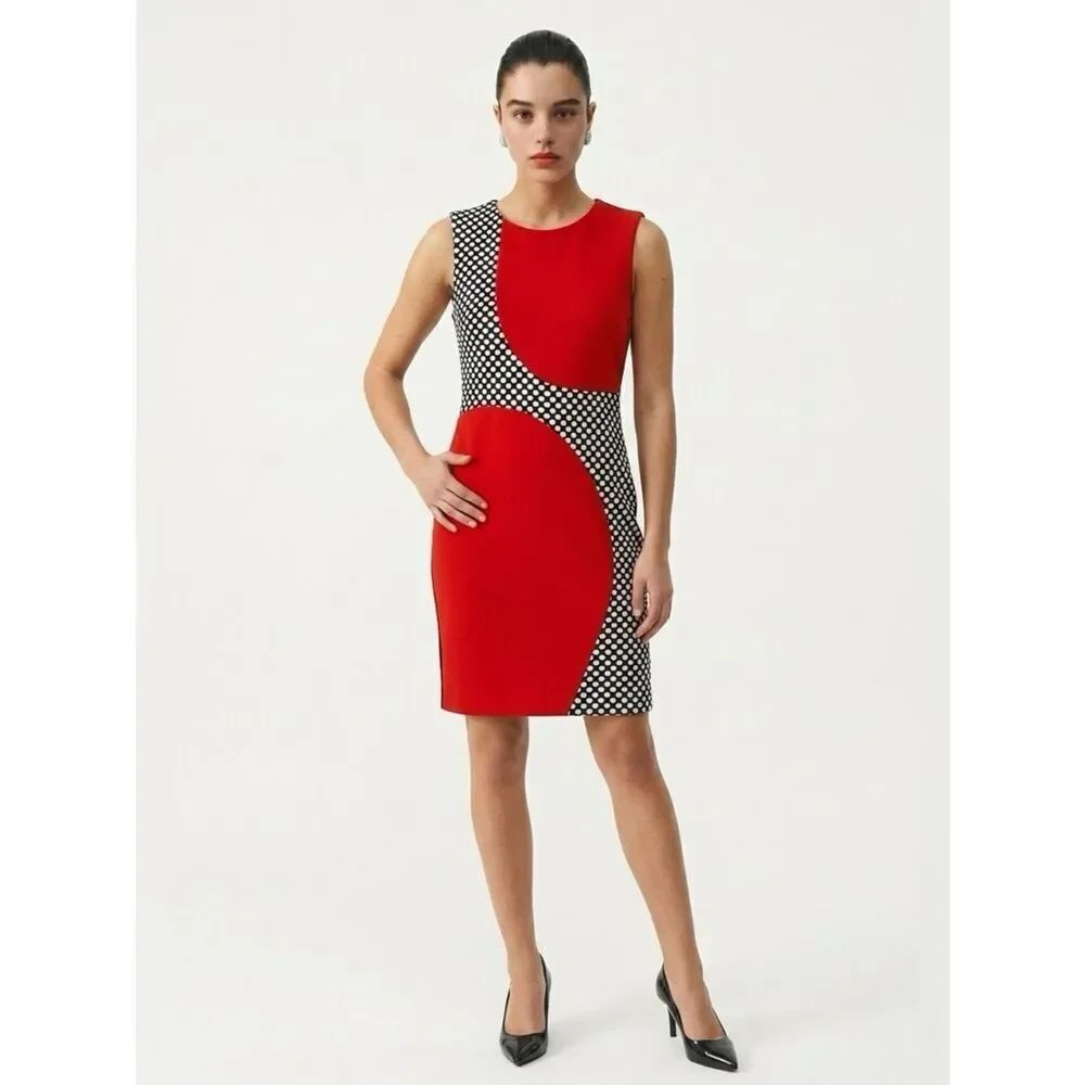 Gabby Skye Red and Black Polka Dot Sleeveless Geometric Dress Size 14